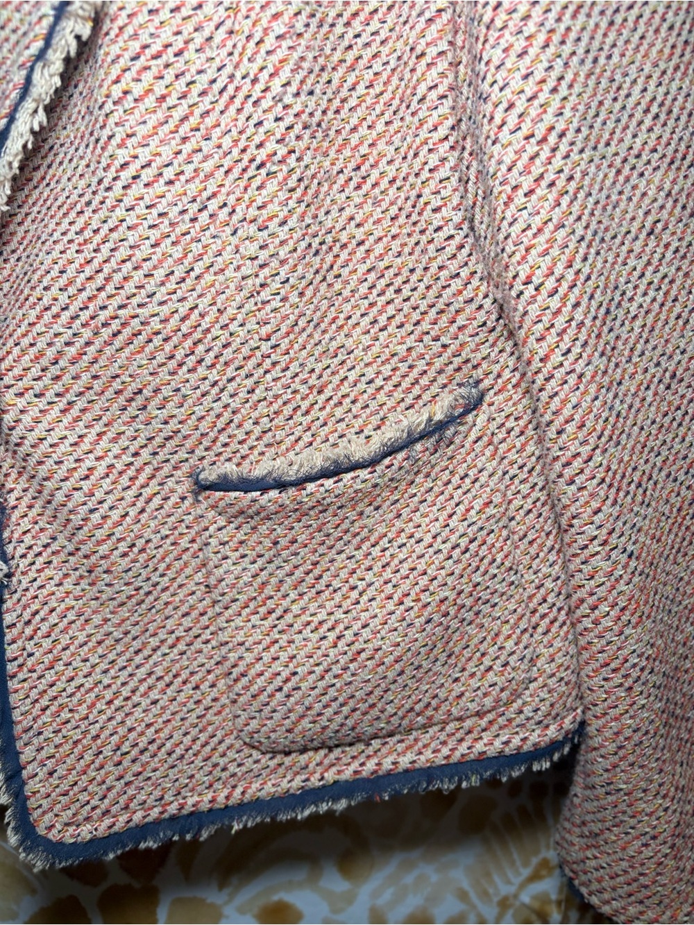Anne Klein Tweed Blazer Jacket Pink Navy Trim Frayed Edge Career Preppy - Picture 8 of 14